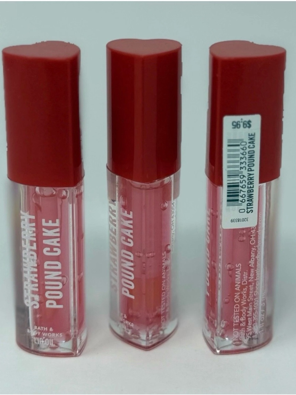 3 BATH & BODY WORKS STRAWBERRY POUND CAKE LIP OIL GLOSS SHINE BALM WAND HEART